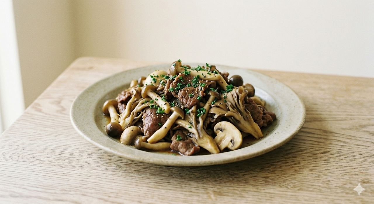 牛肉ときのこのバター醤油炒め