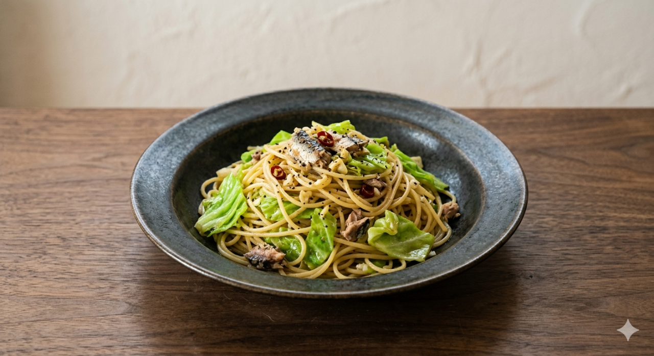 キャベツとオイルサーディンのパスタ