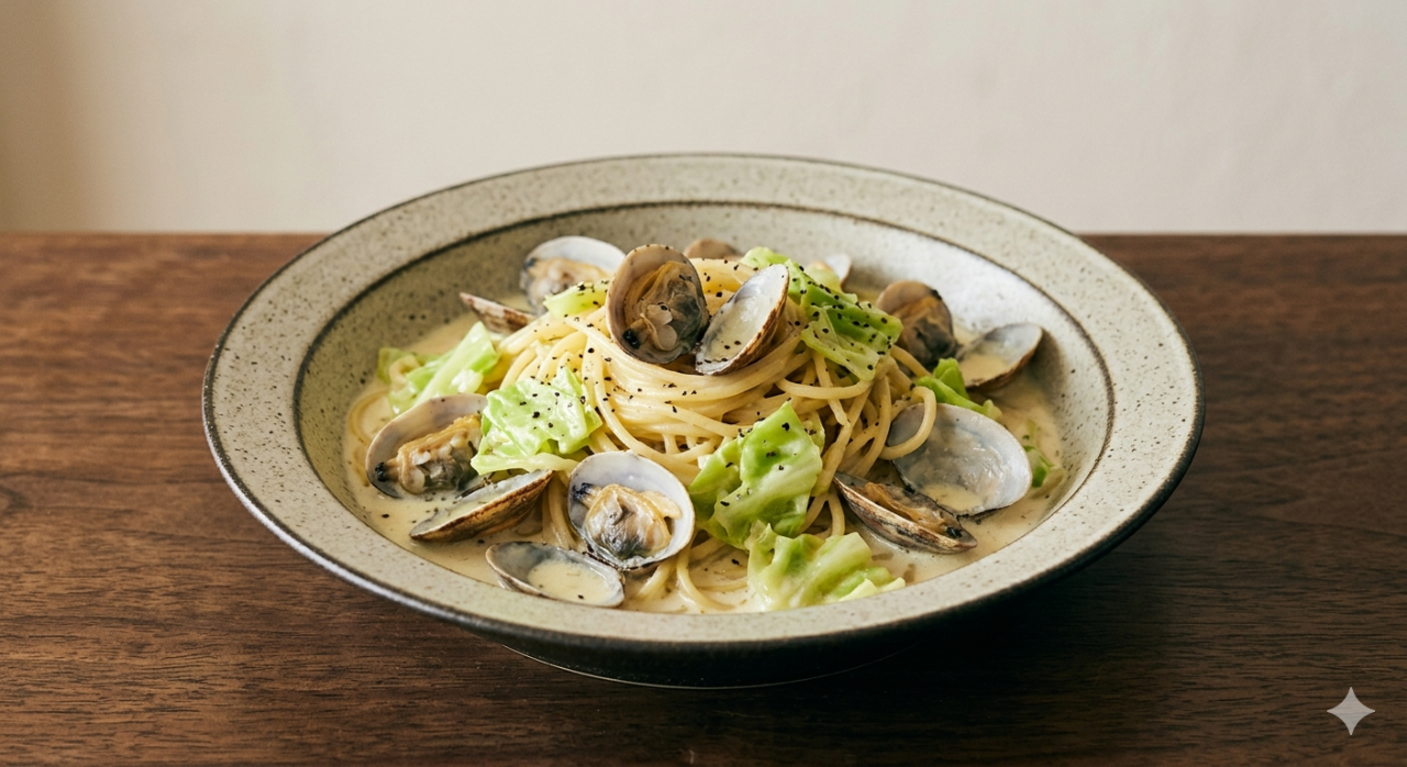 アサリとキャベツのクリームパスタ