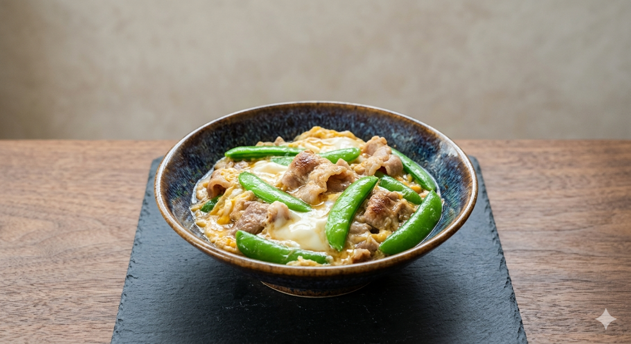 豚こまとさやえんどうの玉子とじ