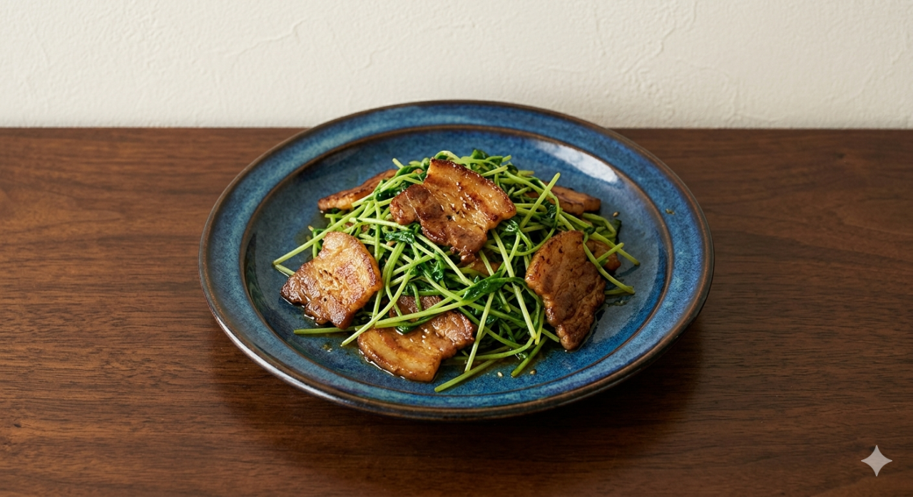 豚バラと豆苗のオイスターソース蒸し炒め
