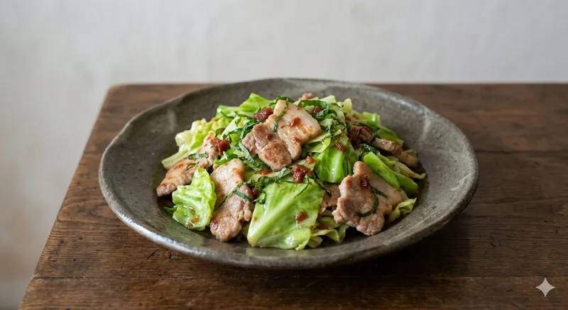 キャベツと豚肉の梅しそ炒め